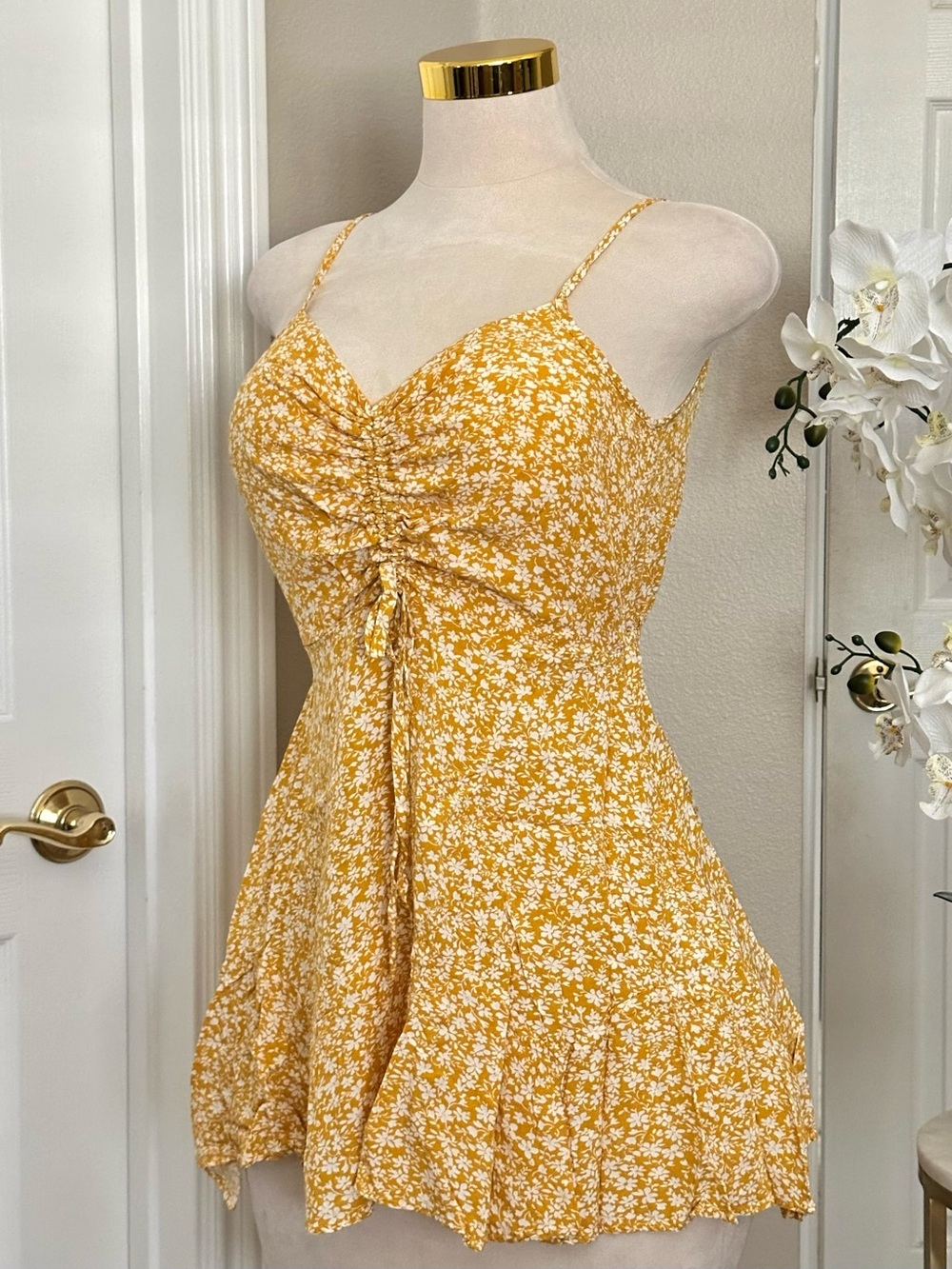 Edit by Nine Yellow White Floral Cami Mini Sundress w/ Ruched Tie Front Sz M